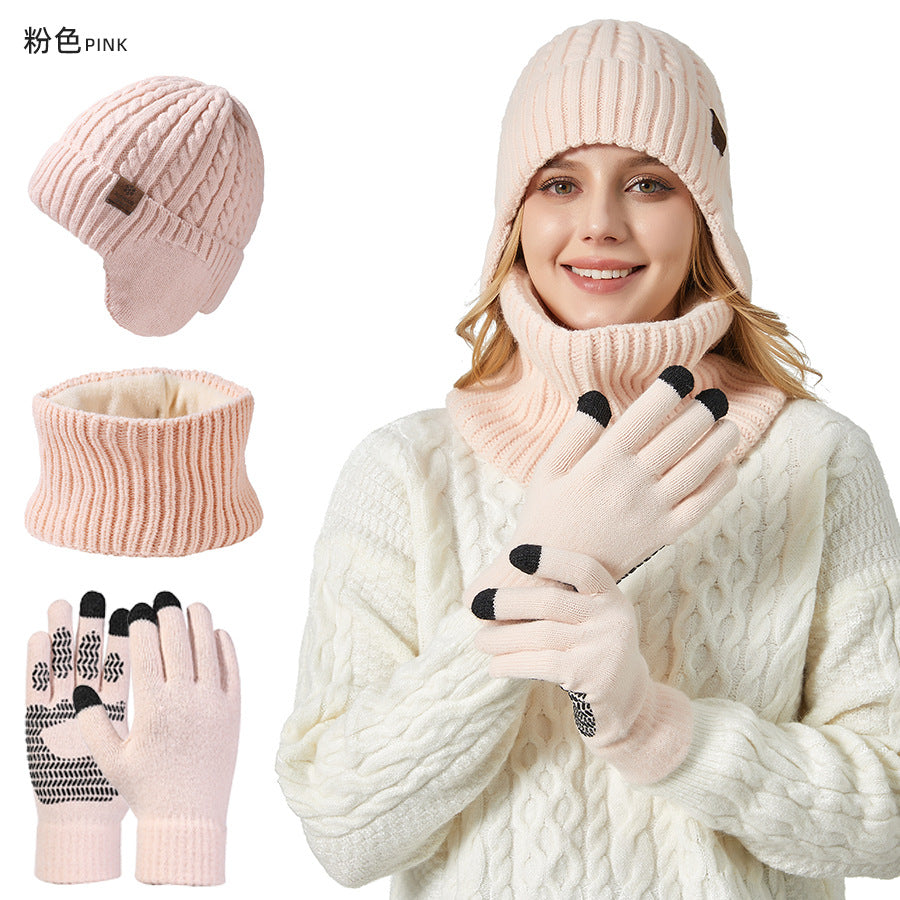 Wholesale Winter Fleece Ear Protection Knitted Hat Scarf Touch Screen Gloves Warm Suit
