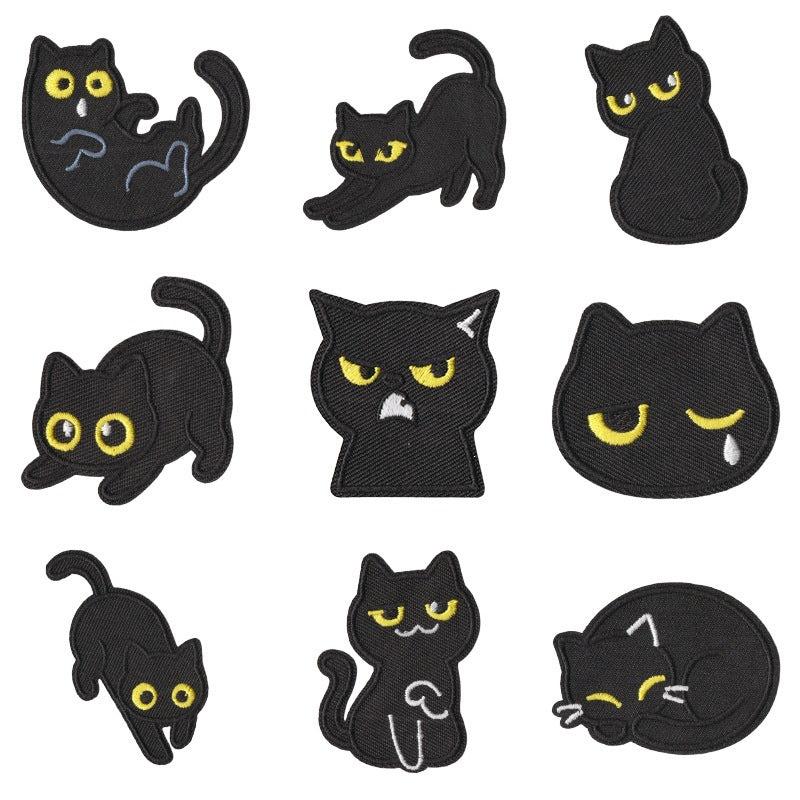 Wholesale Chic Black Cat Embroidered Patches Iron On Funny Mood Cat Set Of 9 For Clothing Repair And et Decoration