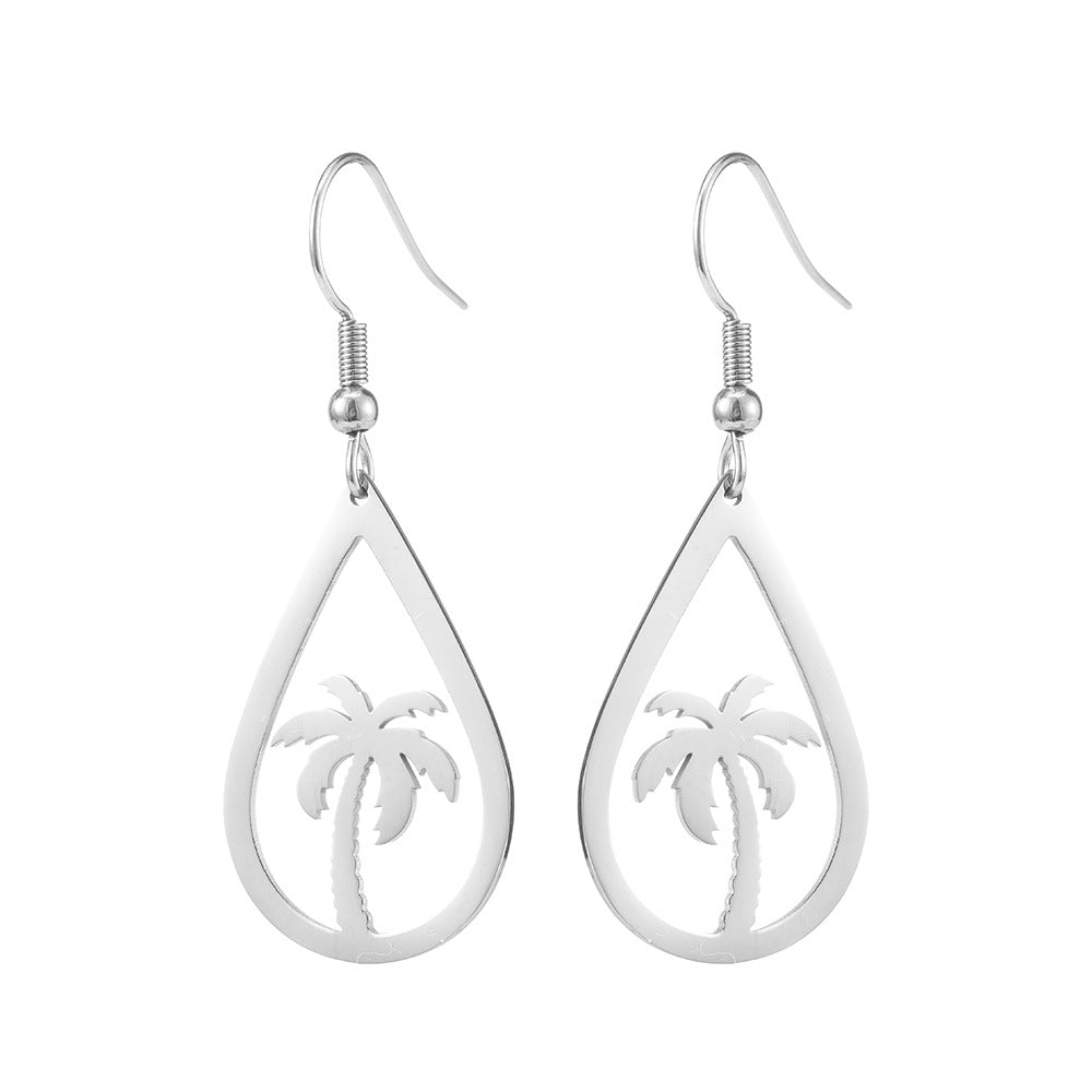 Wholesale Titanium steel hollow water drop coconut tree stainless steel earrings
