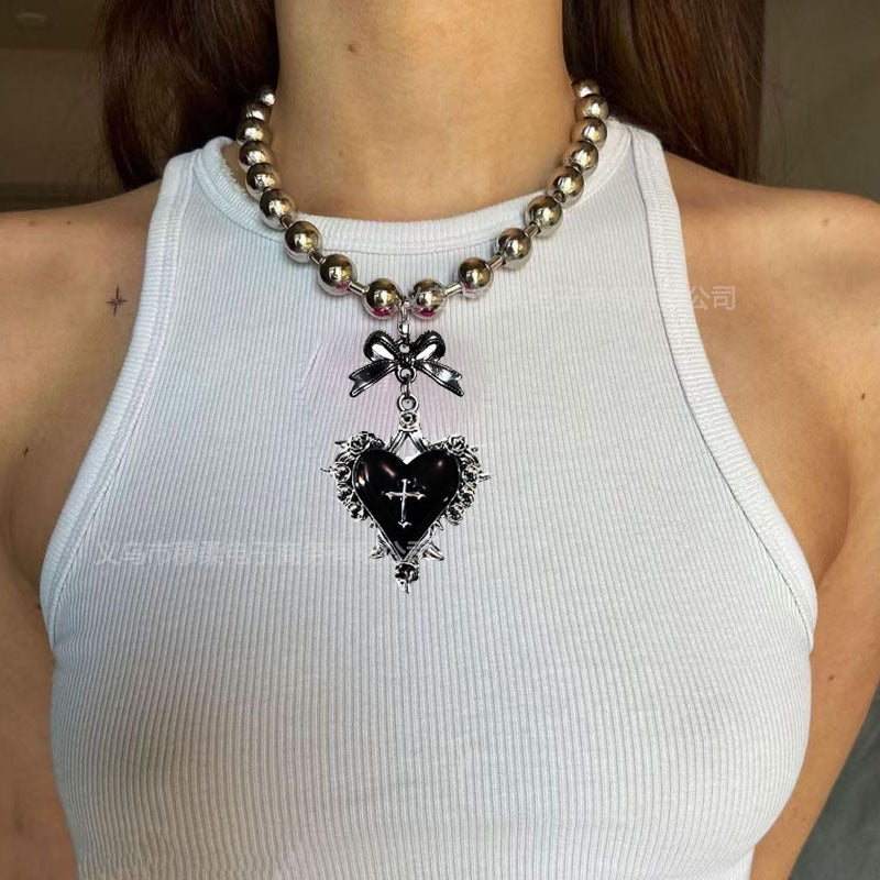 Wholesale Retro dark gothic punk red and black love bow cross metal necklace