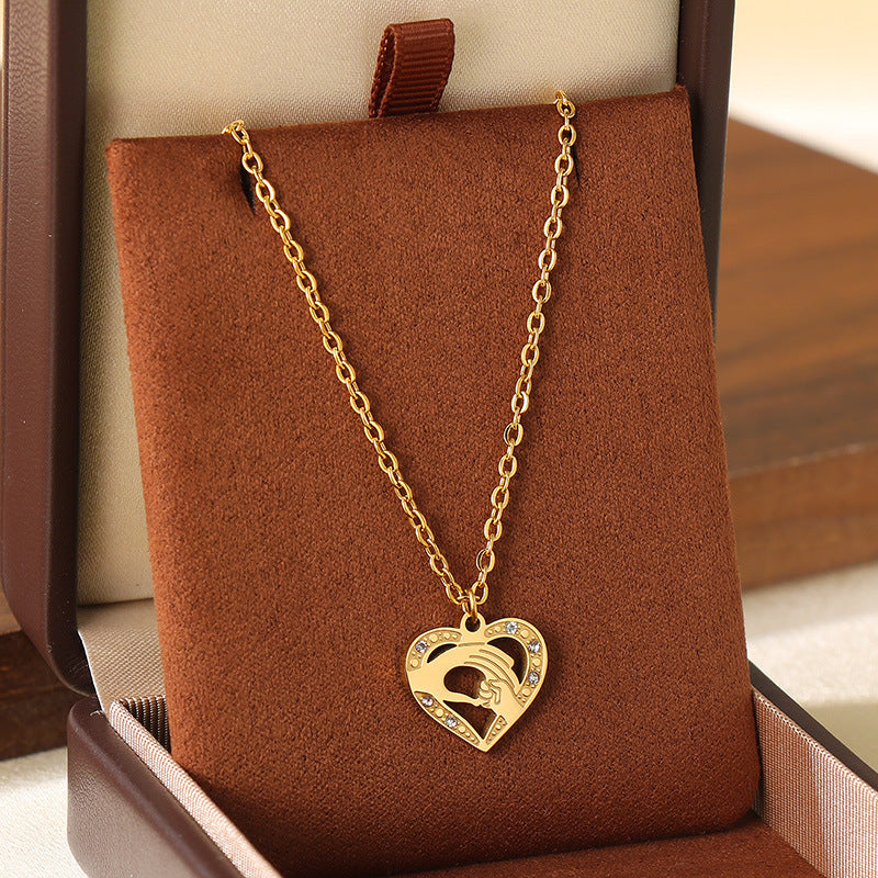 Wholesale Mother' s Day Diamond studded Hollow Moon Love Stainless Steel Necklace