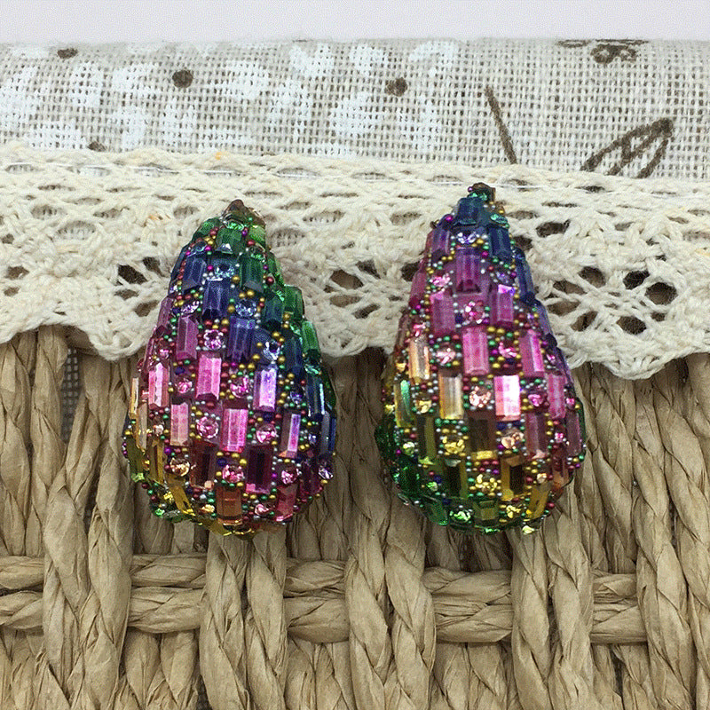 Wholesale Comma Colored Glass Full Diamond Earrings