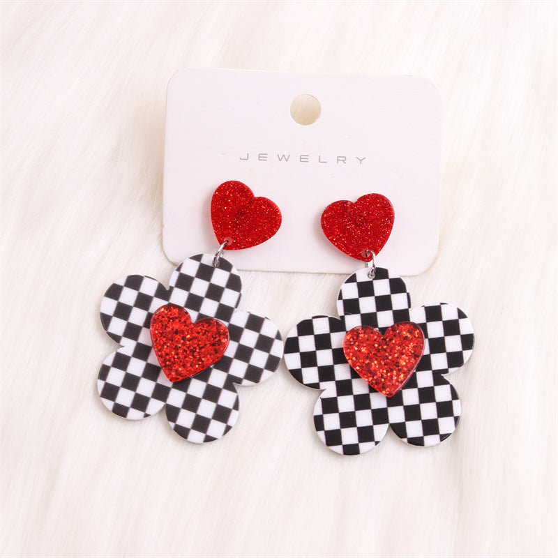 Wholesale Valentine's Day Checkerboard Flower Love Rose Red Lip Acrylic Earrings