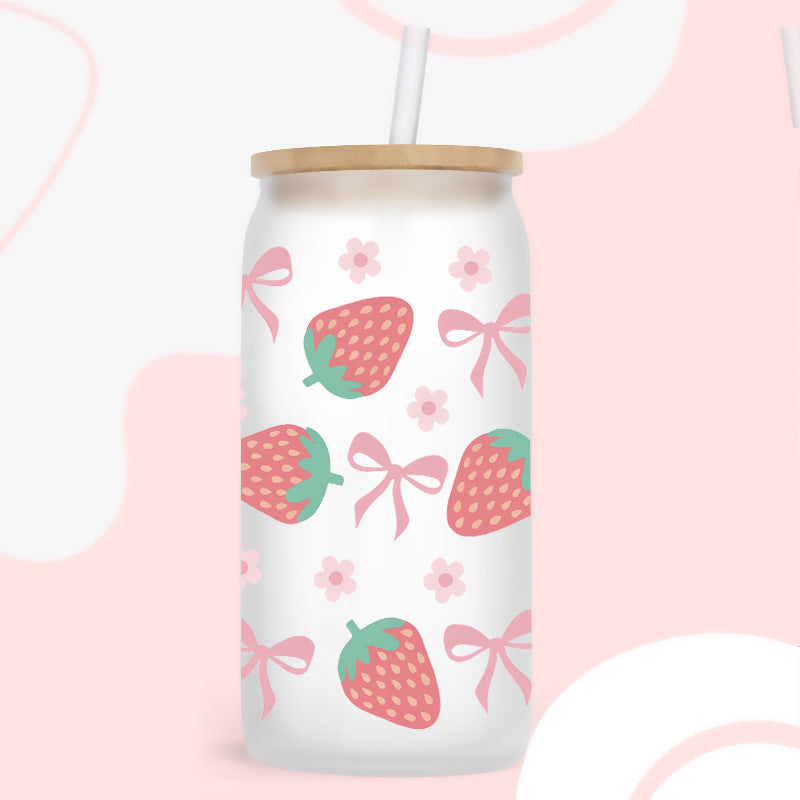 Wholesale Cute Cartoon Pink Strawberry Bow 16oz Cup UV DTF Wraps