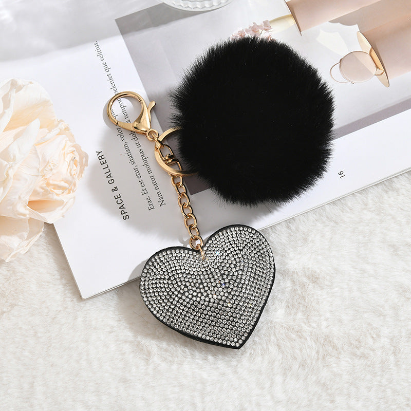Wholesale Diamond-encrusted Heart-shaped Tassel Pom Pom
 Keychain
