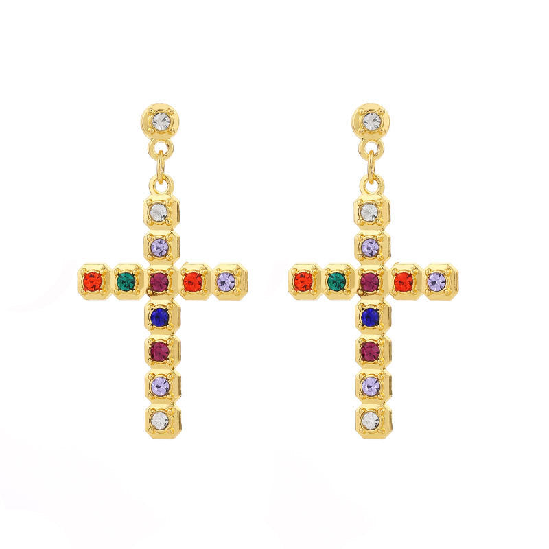 Wholesale Gute Alloy Inlaid Colored Diamond Cross Super Flash Ladies Earrings