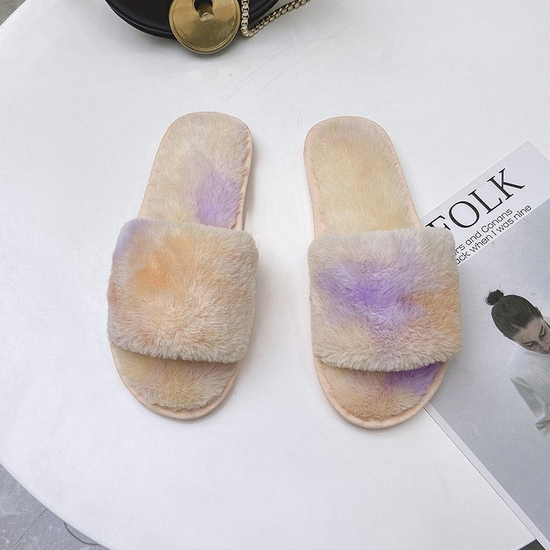 Wholesale Rubber Plush One Word Thin Sole Flat Heel Slippers