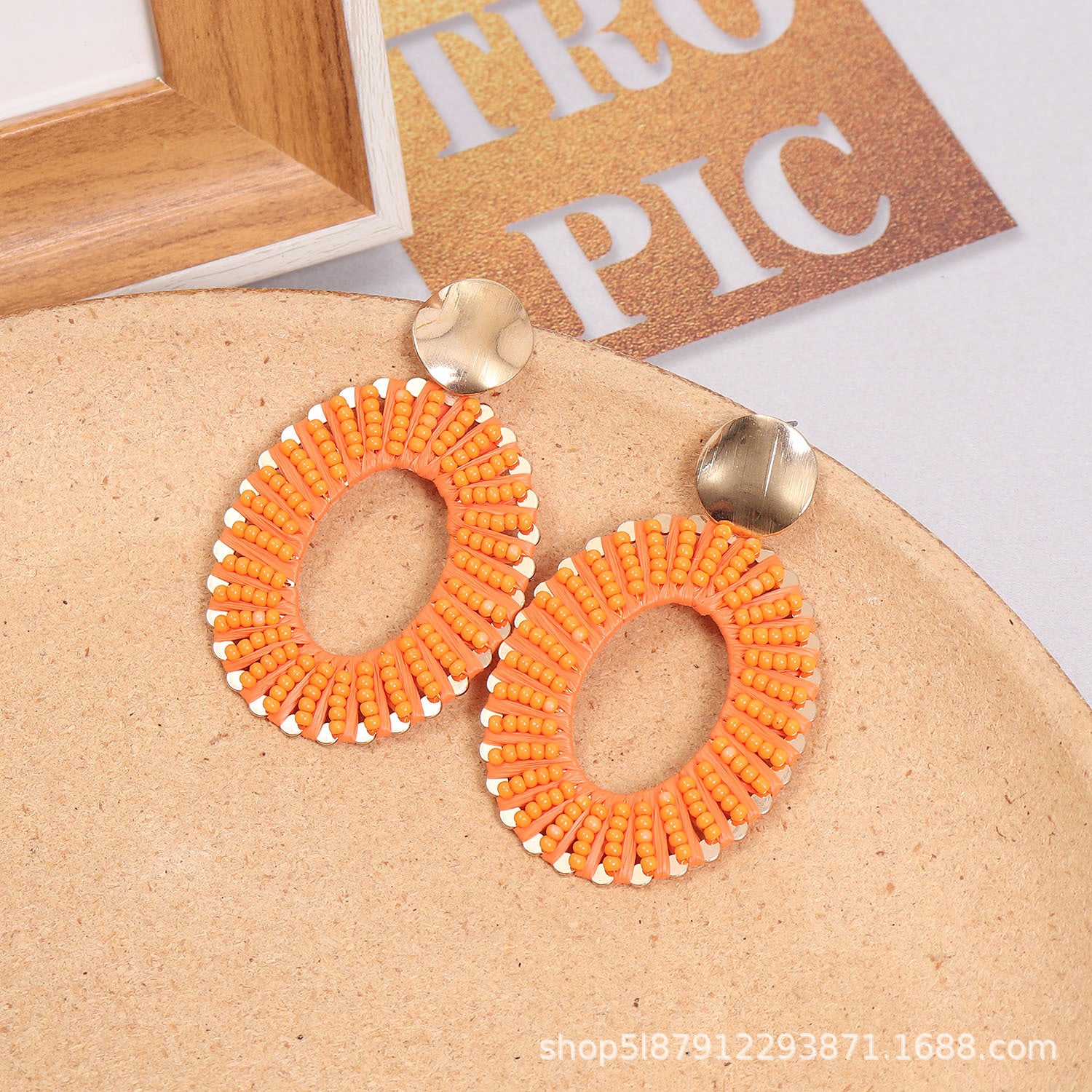 Wholesale Exaggerated Woven Rice Beads Geometric Raffia Earrings