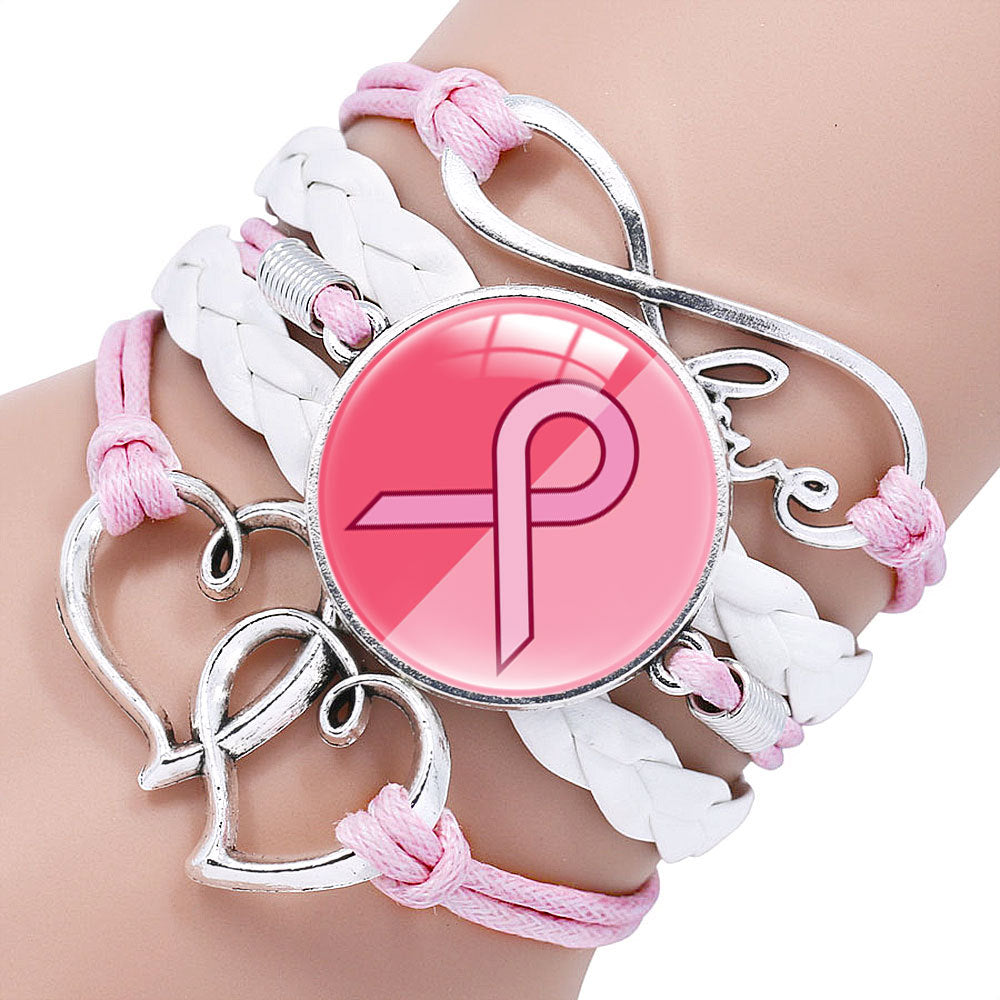 Wholesale Care for Women's Breast Health Pink Ribbon Multi layer Woven Leather Handmade Bracelet