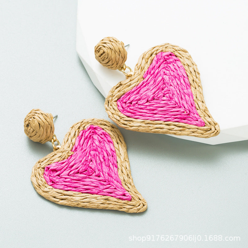Wholesale Heart-shaped Handcrafted Rattan Woven Creative Geometric Earrings