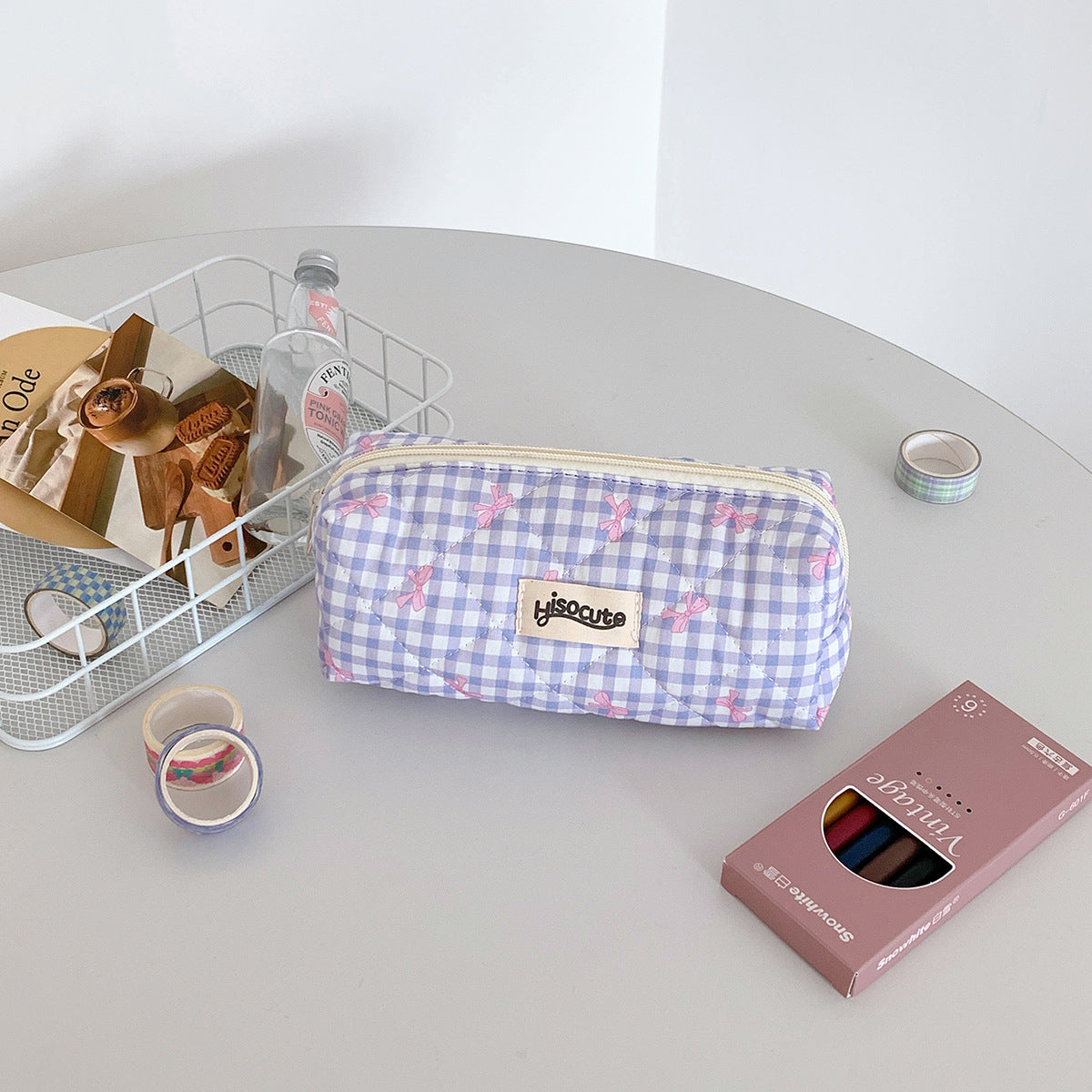 Wholesale  Cream Color Plaid Bow Polyester Pencil Case