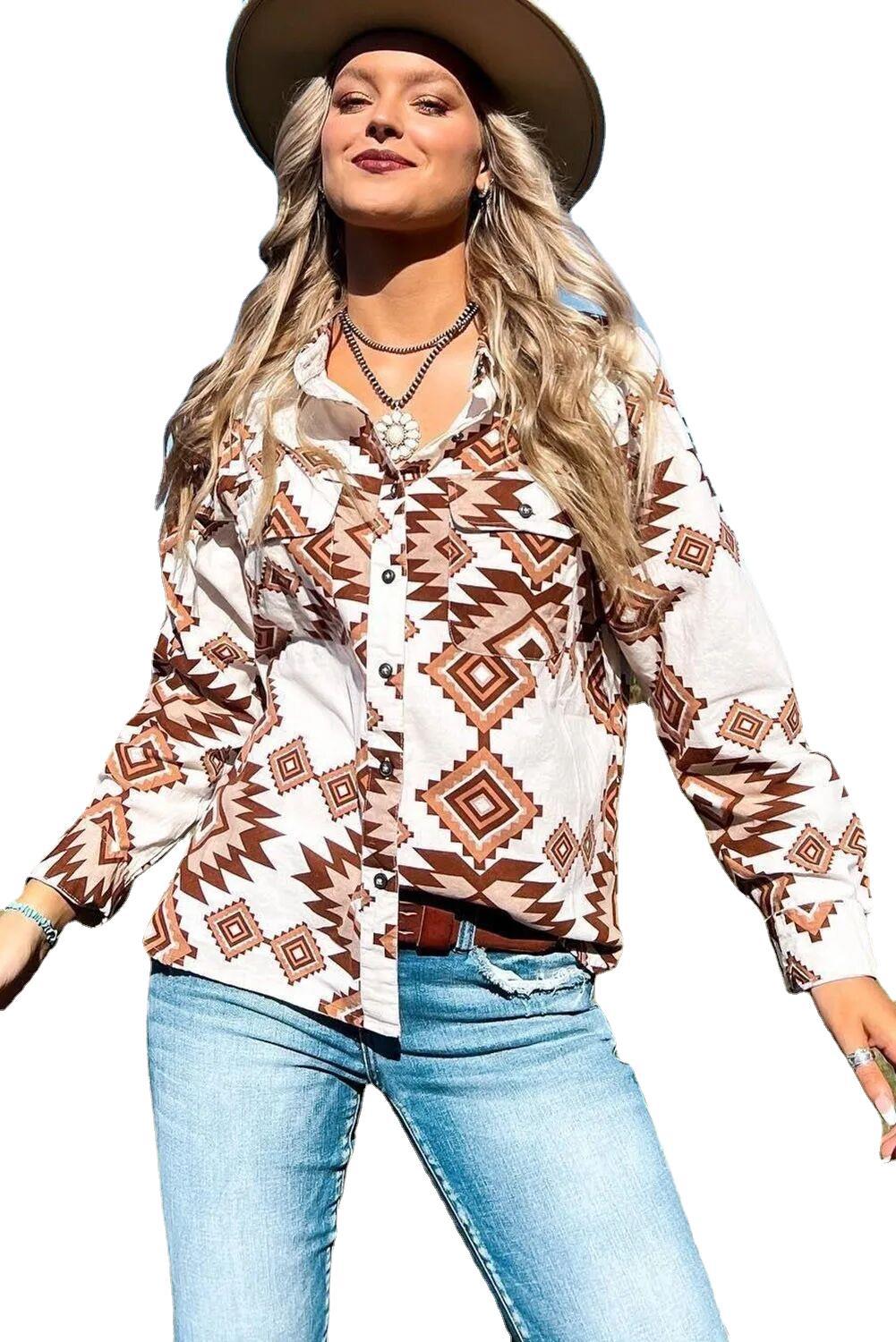 Wholesale Western Style Aztec Diamond Fashion Loose Single Breasted Lapel Shirt