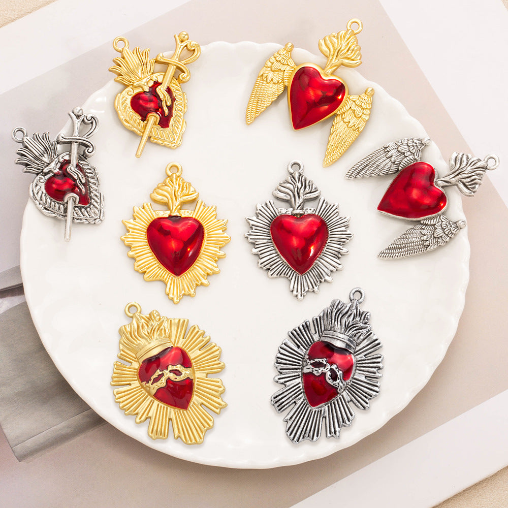 Wholesale 20pcs Retro Gothic style red heart alloy relief accessories love wings necklace pendant