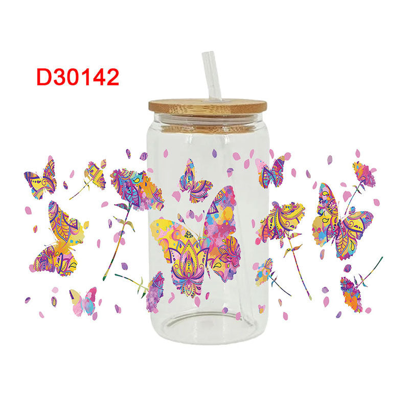 Wholesale Colorful Butterfly Flowers  16oz Cup UV DTF Wraps