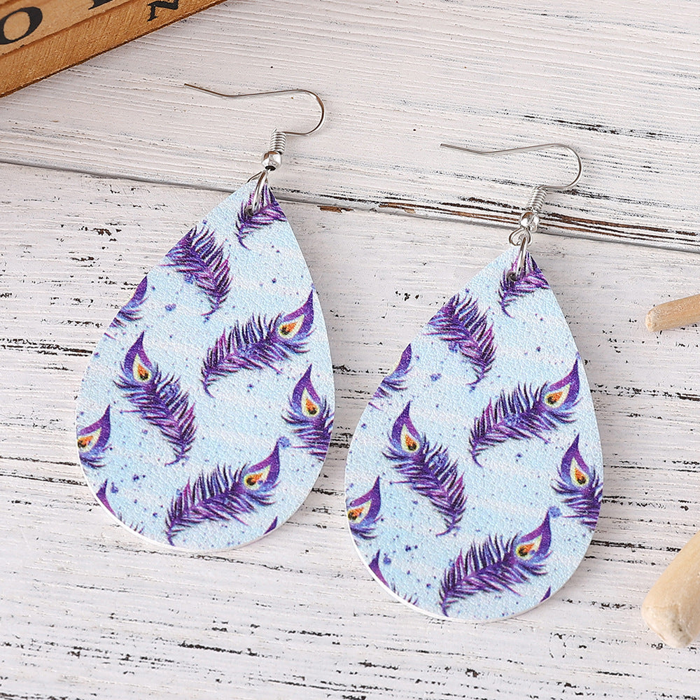 Wholesale Fresh leaf flower leopard print feather earrings leather drop earrings