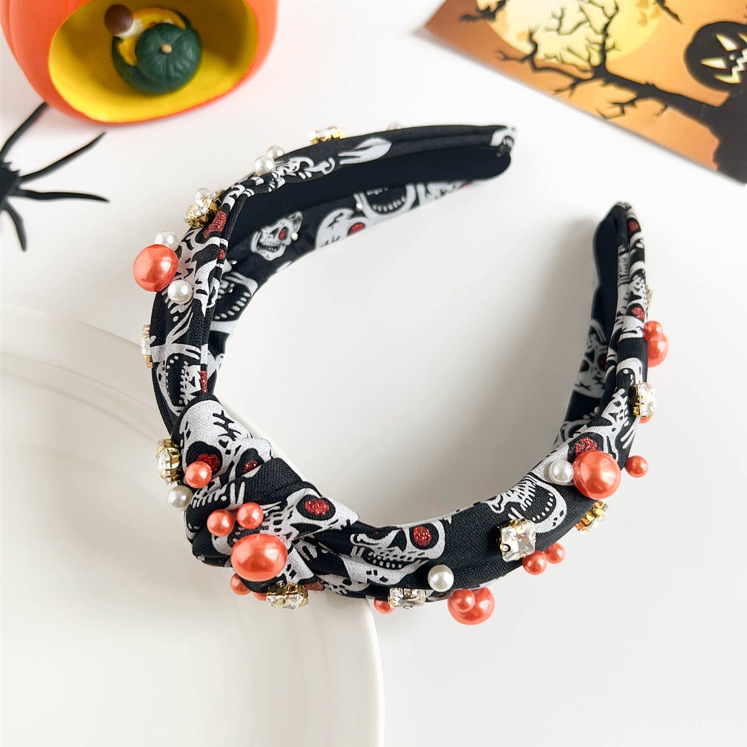 Wholesale Halloween Dark Style Spider Web Skull Fashion New Knotted Wide-brimmed Pearl Headband