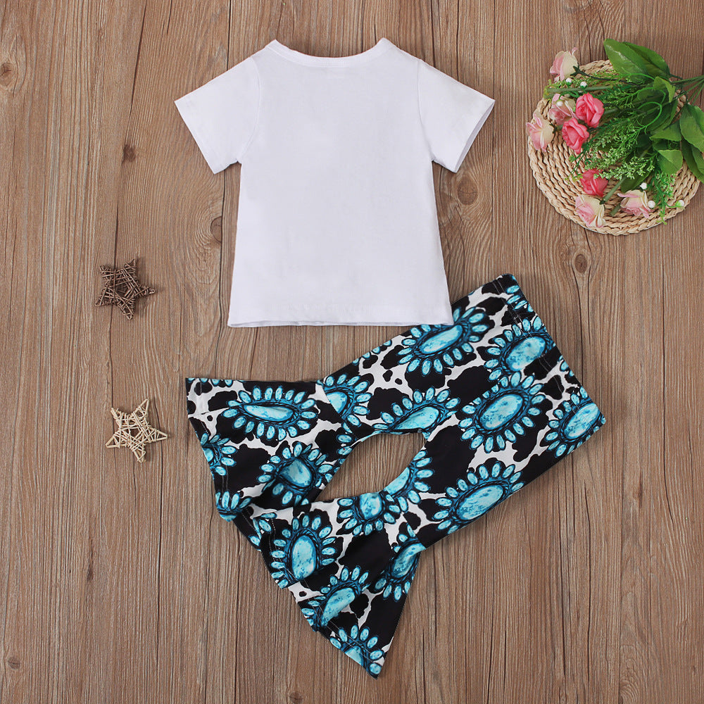 Wholesale Children's Western Style Turquoise Printed Short Sleeve Bell Bottoms Two Piece Set
