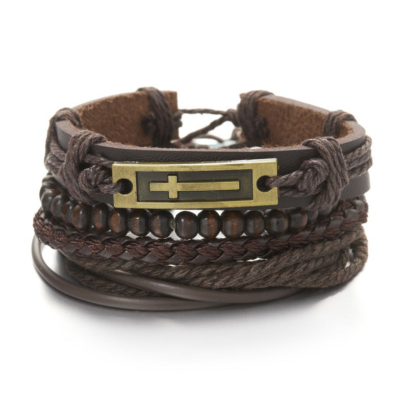 Peads de madera creativos al por mayor pulsera de cuero trenzado de plumas cruzadas