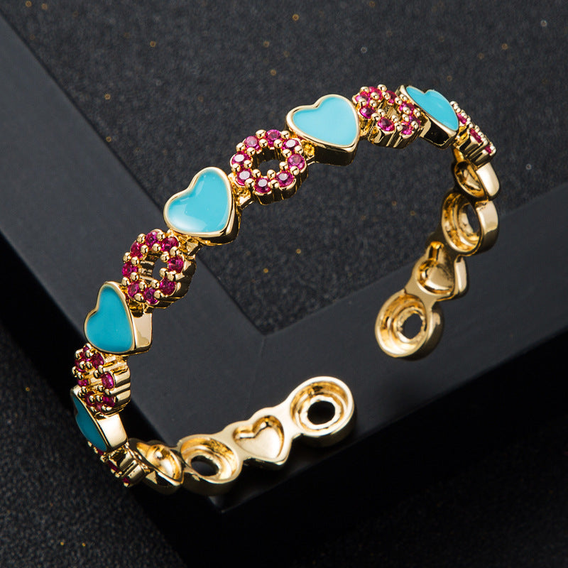 Wholesale  copper inlaid zircon enamel drop oil love heart bracelet Tennis bracelet Open bracelet