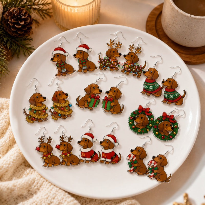 Wholesale Trendy Acrylic Pendant Earrings Reindeer Dachshund Red Green Contrast Jewelry Accessory