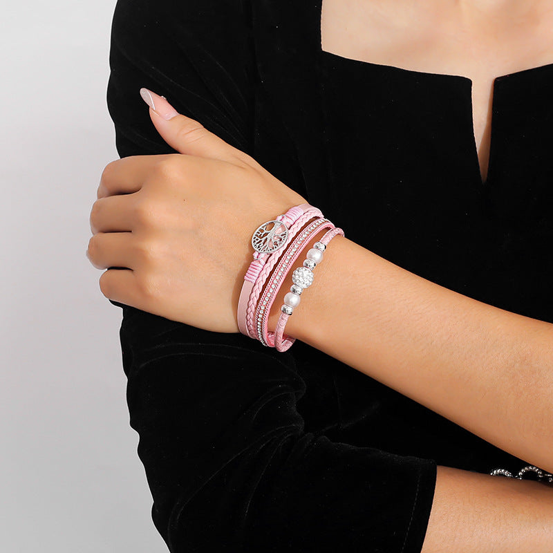 Wholesale Ethnic style imitation pearl diamond ball magnetic clasp woven bracelet