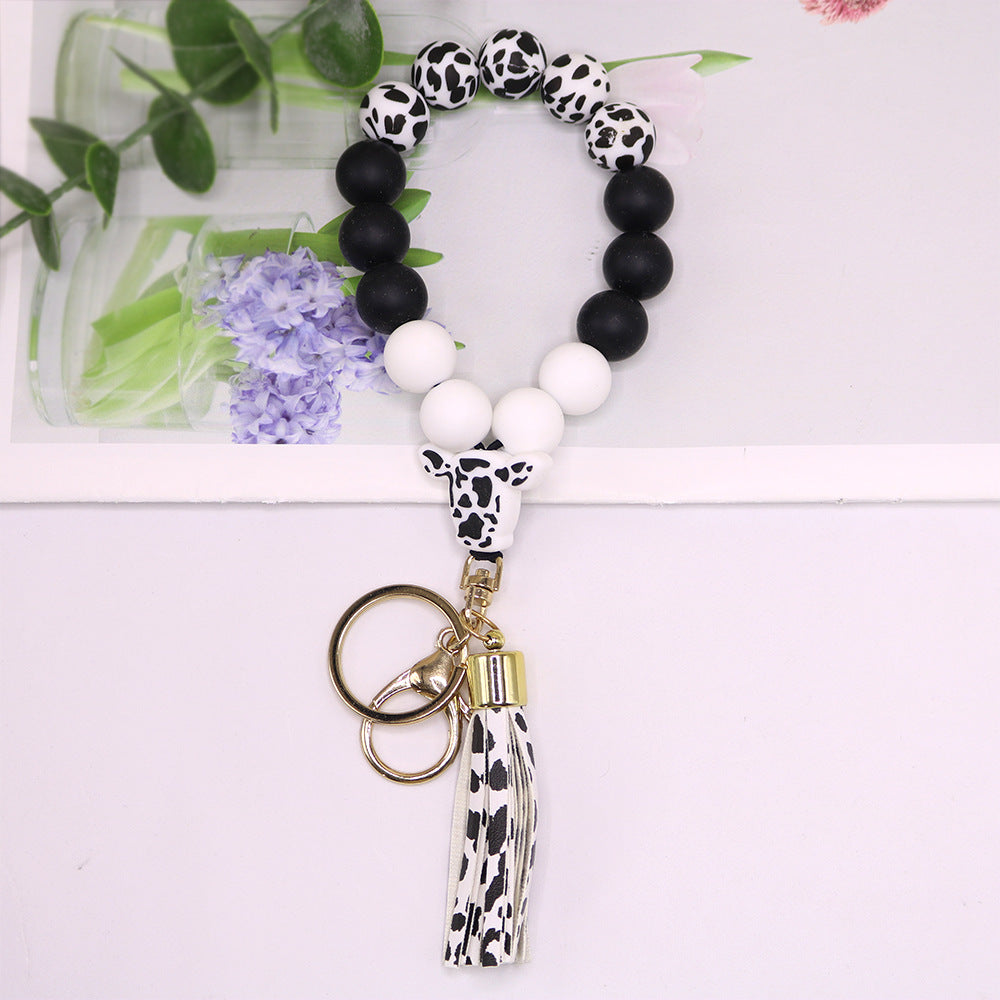 Wholesale Cow Pattern Cow Head Silicone Beaded Wrist Keychain