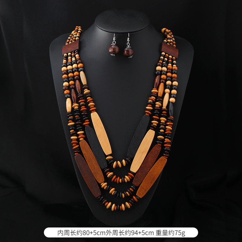 Wholesale Handmade Exaggerated Bohemian Wooden Bead Necklace