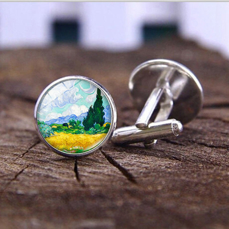 Wholesale Alloy Van Gogh Starry Night Sunflower Time Gemstone Cufflinks
