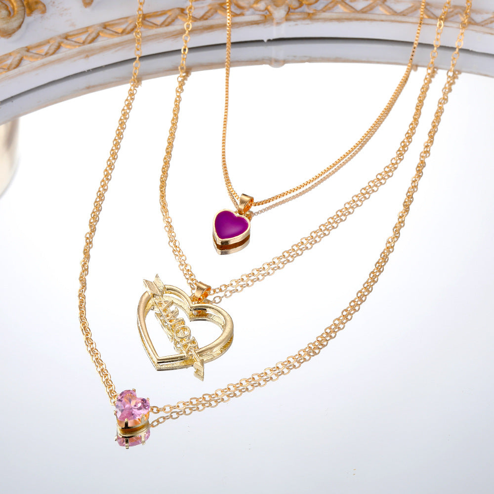 Collares de aleación de flecha de Diamond Cupid de Diamond Cupid de Heart Cupid de corazón multicapa