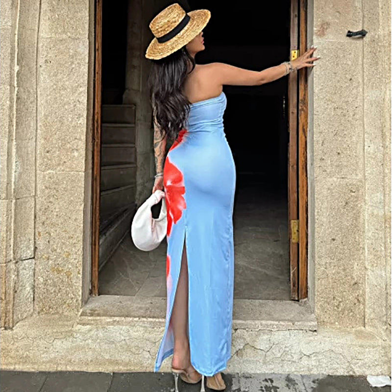 Wholesale Sexy style slim fit printed tube top slit hip-hugging long dress