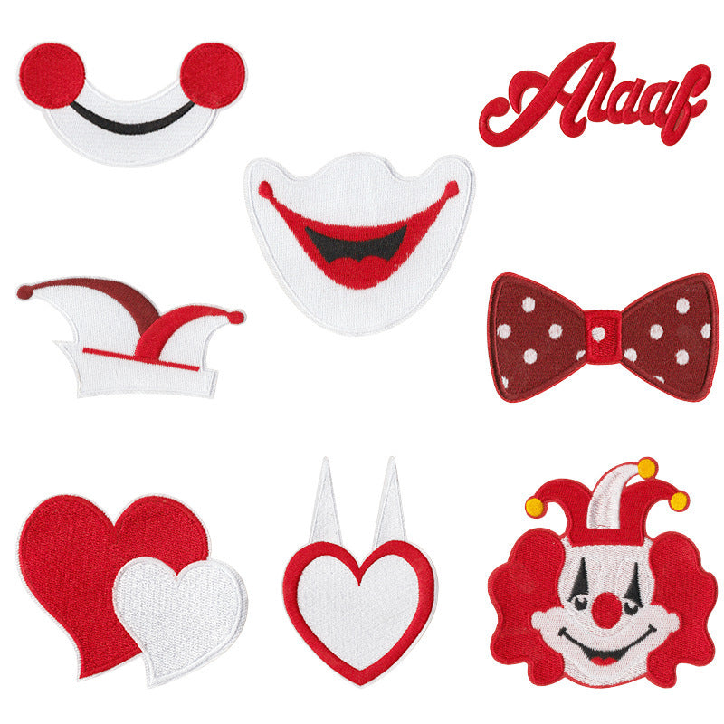 Wholesale 8 Piece Embroidered Patches With Adhesive Backing Clown Bow Heart And English Motifs For DIY Coat Hat Bag And Shoe Decor