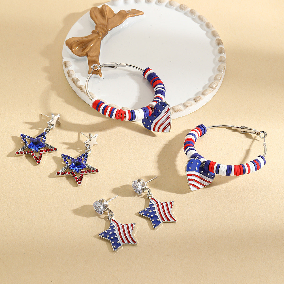 Wholesale Independence Day Heart Flag Hoop Zinc Alloy Earrings