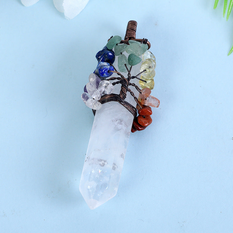 Wholesale Crystal Raw Stone Hexagonal Column Wrapped Copper Wire Tree of Life Colorful Gravel Pendant Necklaces