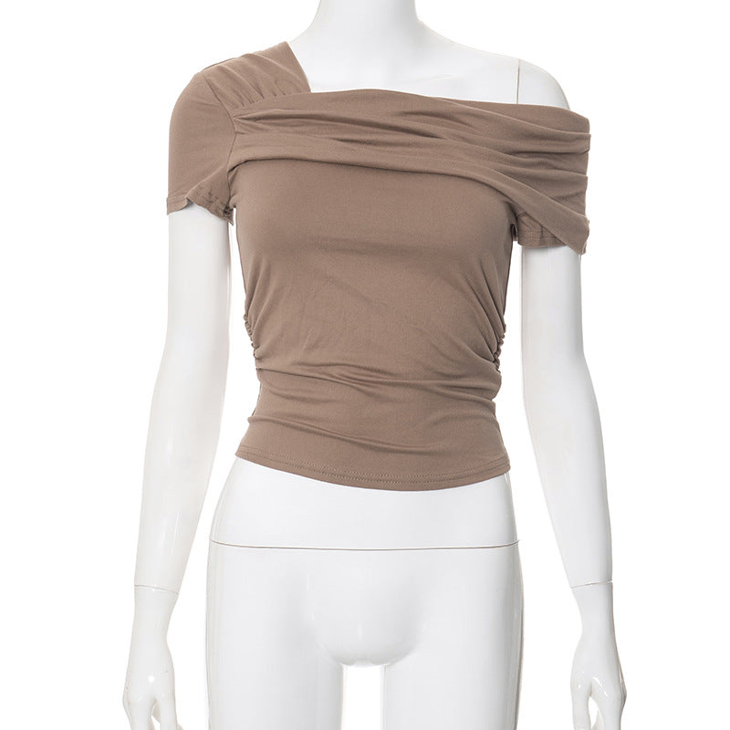 Wholesale Polyester Solid Color Single Shoulder Short Sleeved Open Back Pleated Top T-shirt