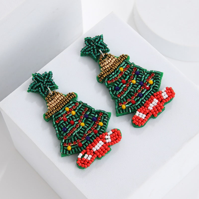 Wholesale Christmas Fabric Felt Christmas Tree Elk Snowman Handmade Rice Bead Earrings