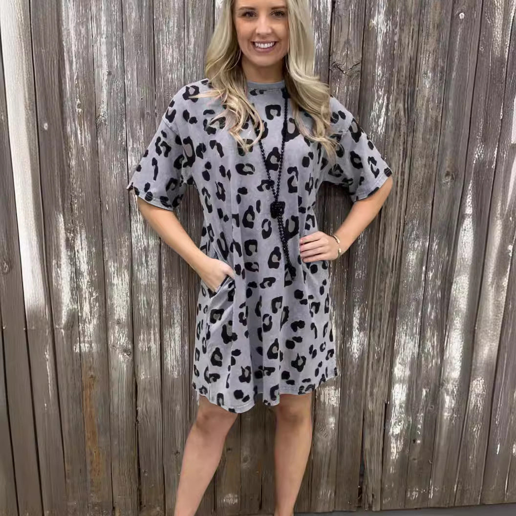 Wholesale One Step Skirt Leopard Print Round Neck Loose Dress