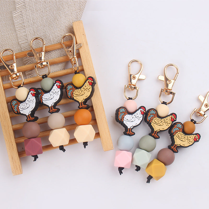 Wholesale Cartoon Rooster Teether Silicone Beaded Keychain