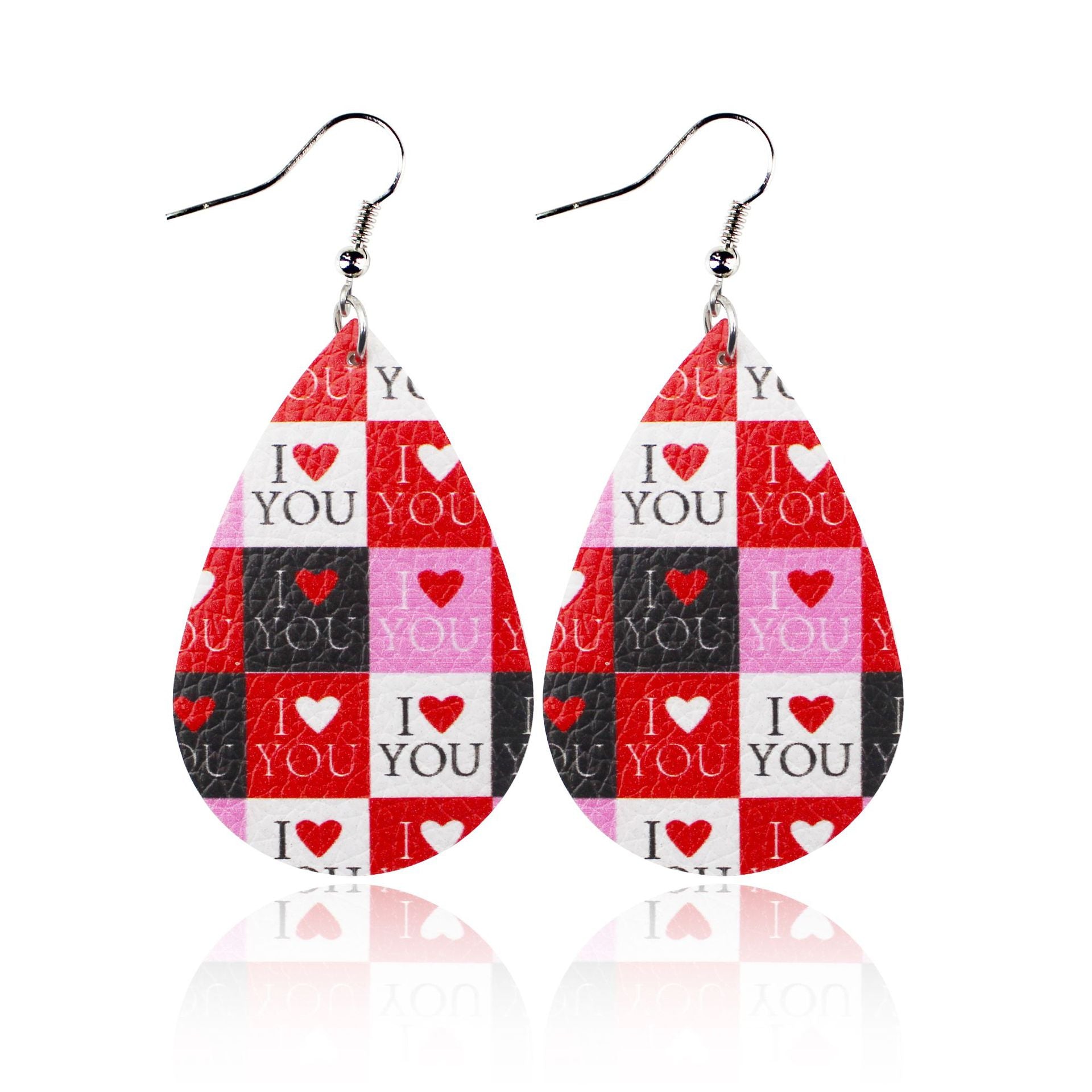 Wholesale Valentine's Day Love Romantic Polka Dot Stripe Printed Water Drop Leather Earrings