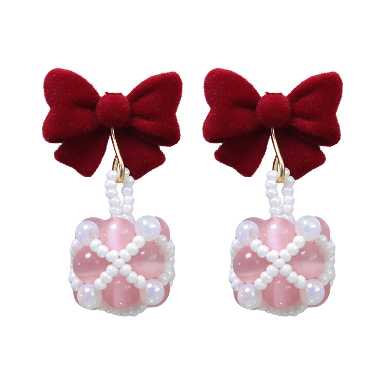 Wholesale Autumn and Winter Burgundy Bow Rice Bead Earrings