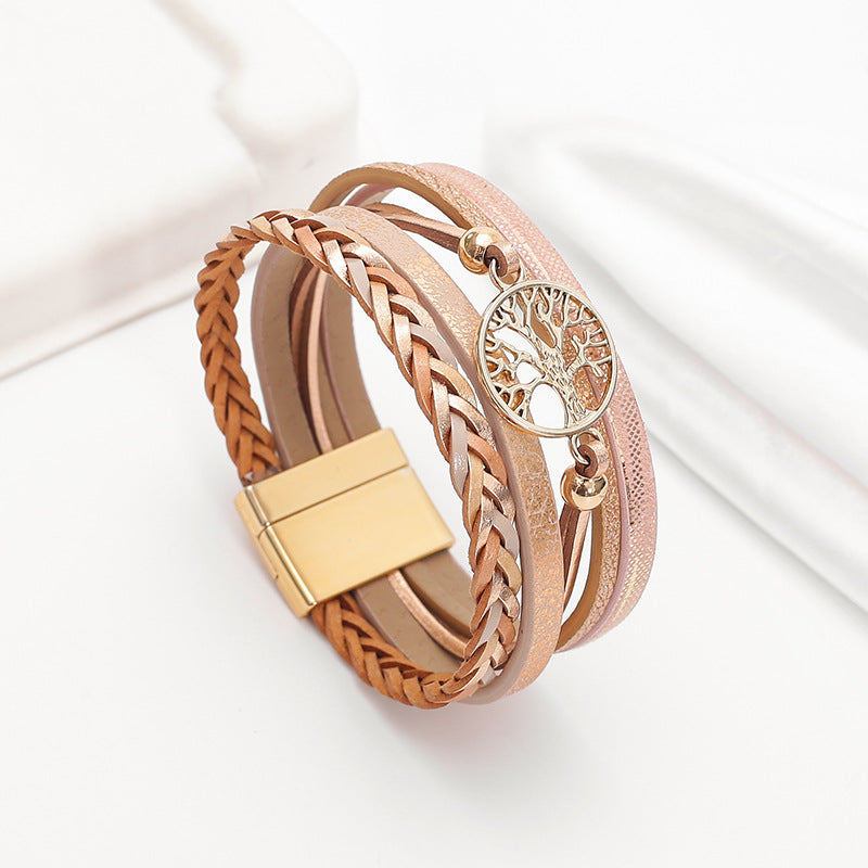 Wholesale Bohemian multi-layered leather hand-woven diamond magnetic clasp bracelet