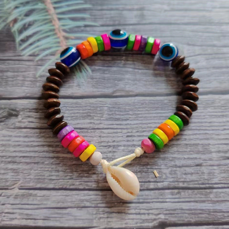 Wholesale Devil's Eye Colored Wood Beads Natural Shell Bracelet Rope