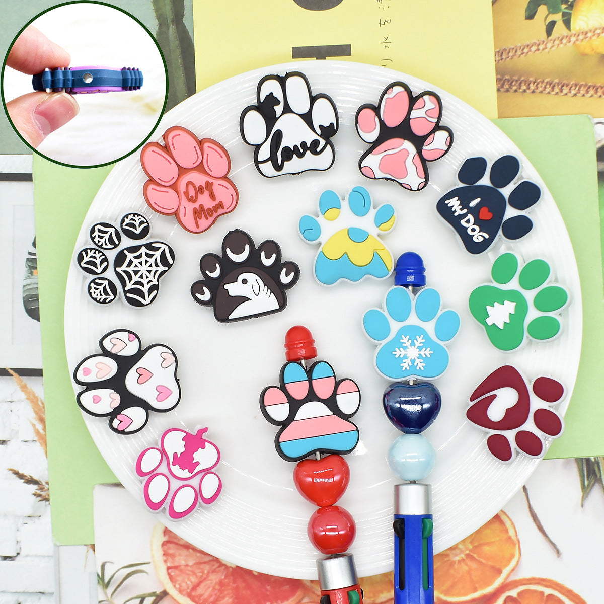 Wholesale  Random 100pcs/pack  Cute dog paw print PVC soft rubber ballpoint pen handmade beading