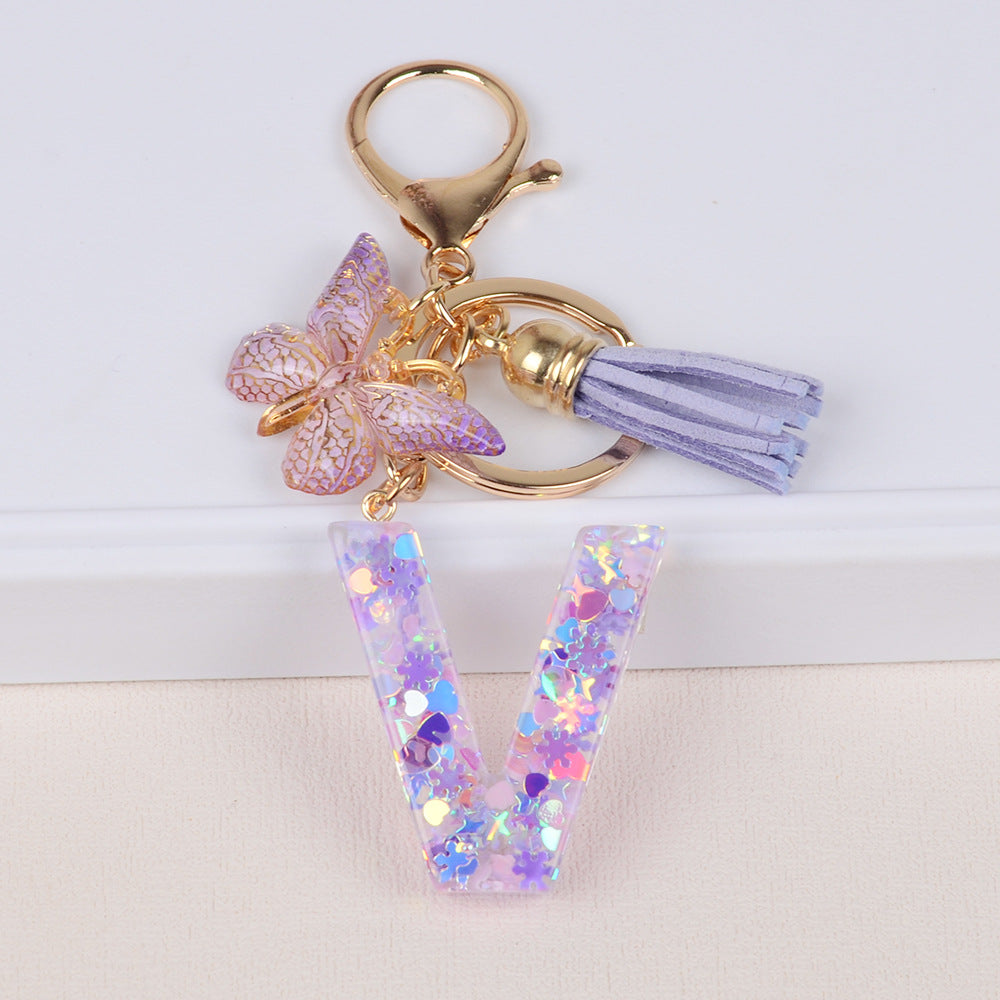 卸売スノーフレークラブスパンコールレター樹脂キーホルダー