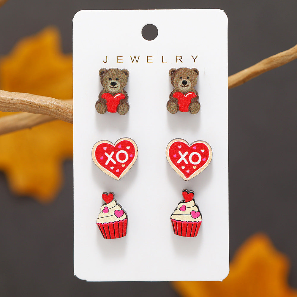 Wholesale Valentine's Day Love Rose Set Wooden Earrings
