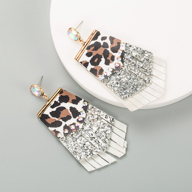 Wholesale Exaggerated leopard leather earrings with diamond tassels double-layer earrings