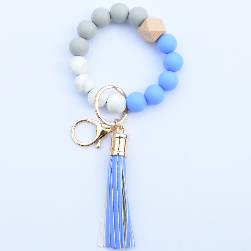 Wholesale Food Grade Silicone Beads Leather Tassel Wood Beads Bracelet Keychain
