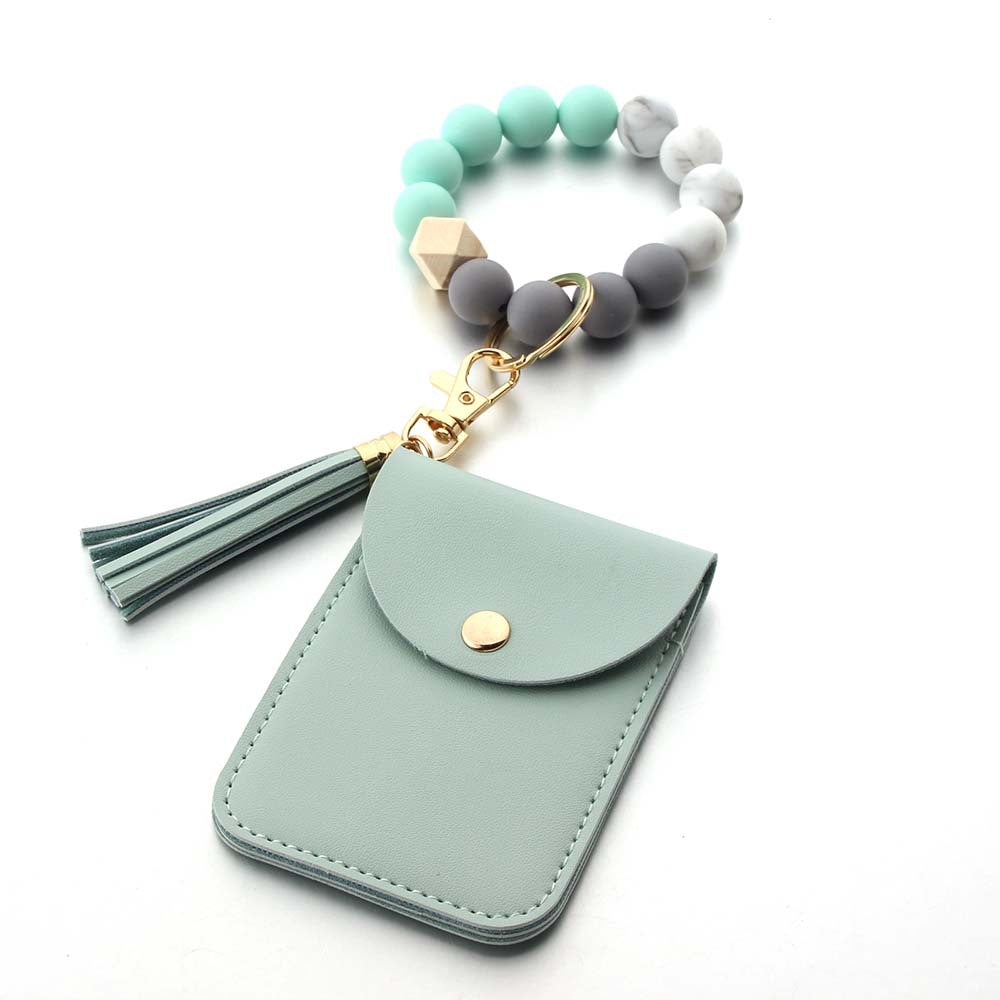 Wholesale Silicone Leather Tassel Bracelet Wooden Bead Keychain