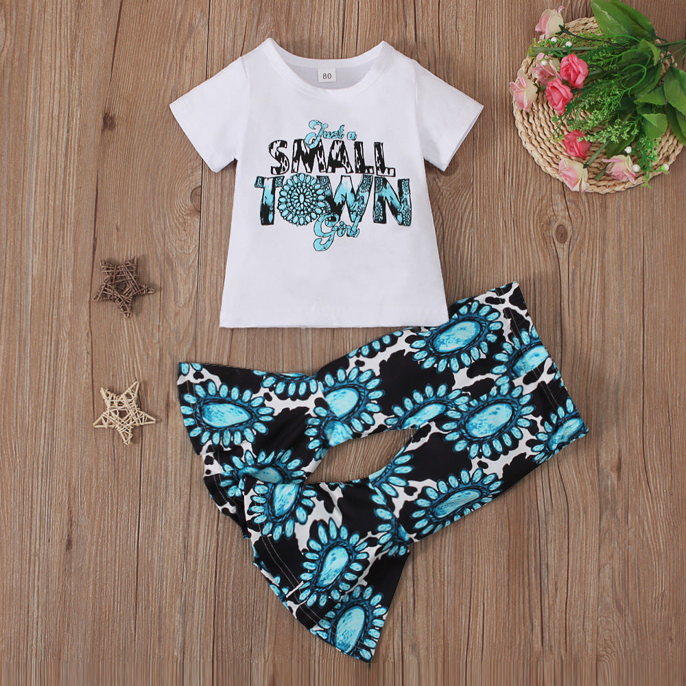 Wholesale Children's Western Style Turquoise Printed Short Sleeve Bell Bottoms Two Piece Set