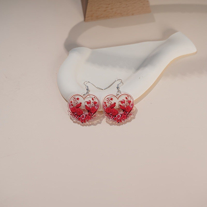 Wholesale Heart shaped Red Flower Valentine' s Day Biwing Earrings