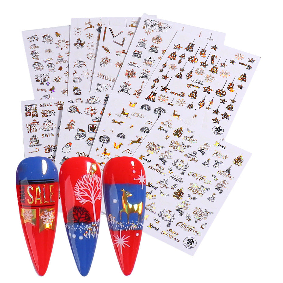 Wholesale 3pcs/pack Christmas nail art gold hot stamping laser stickers adhesive nail stickers